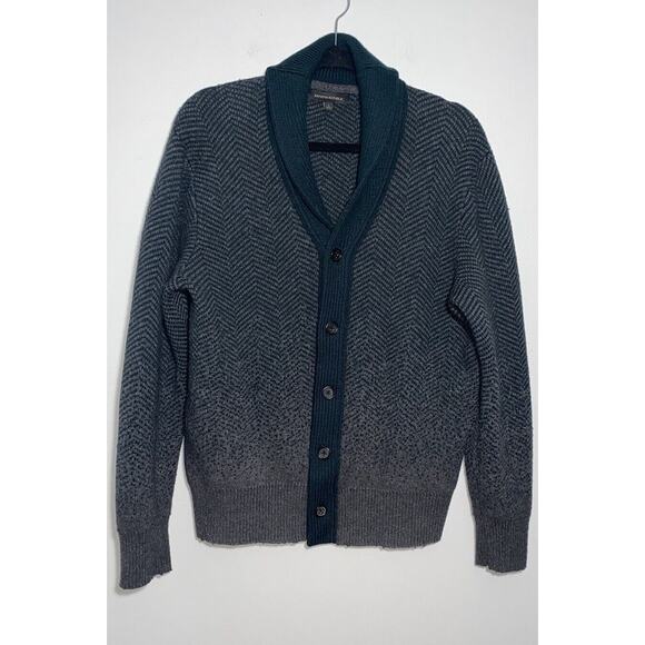 Banana Republic Cardigan Mens Large Navy Grey Ombré Print Wool Button Up Sweater - Picture 1 of 10